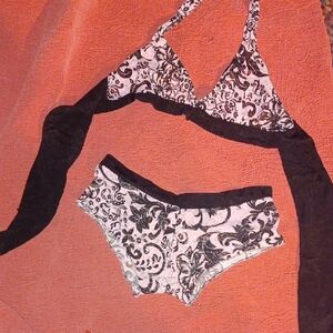 Black and Pink See Through Floral Lace Halter Top And Booty Shorts Set. Sz Sm